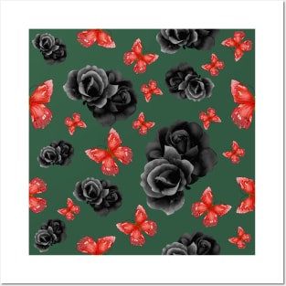 Red Butterflies and Black Roses w/ dark green background Posters and Art